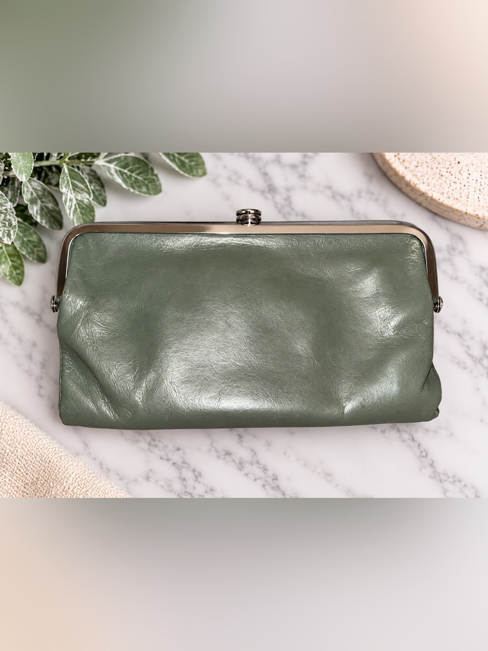 HOBO Lauren Sage Green Leather Double-Frame Clutch Wallet